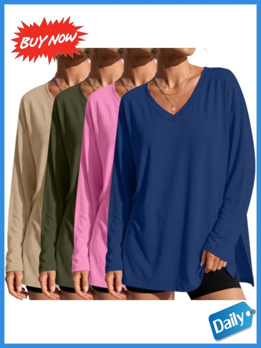 Oversized V Neck Long Sleeve Tops 4 Pack Loose Fit Casual Blouses